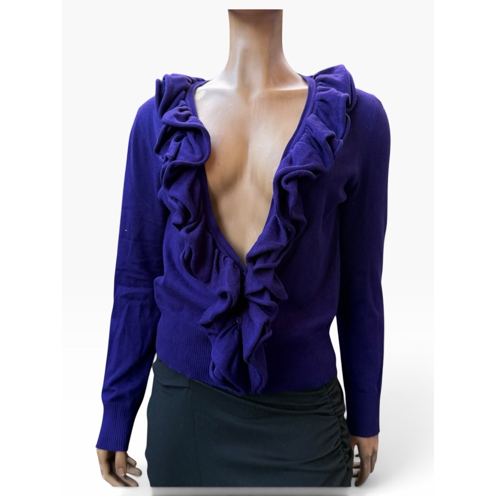Lennie For Nina Leonard Purple Ruffle Plunge V-Neck Cardigan Button Sweater L